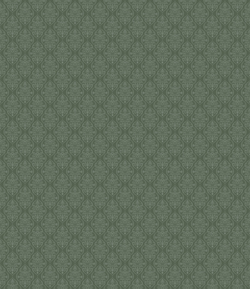 green wallpaper with a repeating floral damask pattern in muted tones for wall decoration