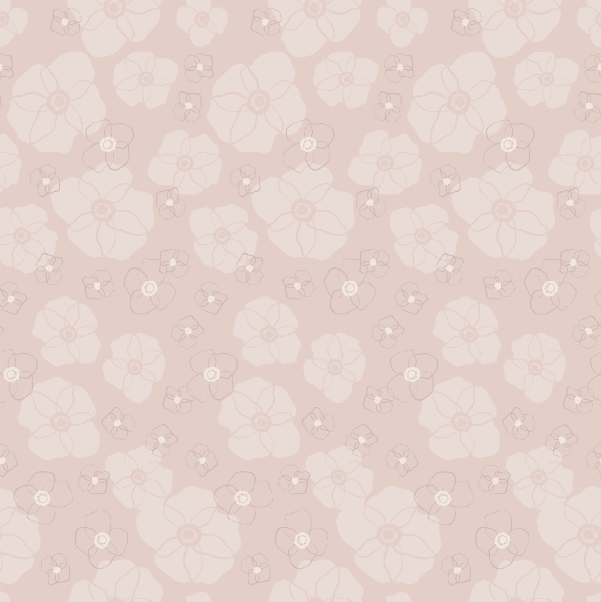 Pink wallpaper with delicate poppy flower outlines, suitable for interior wall decoration, seamless floral pattern.