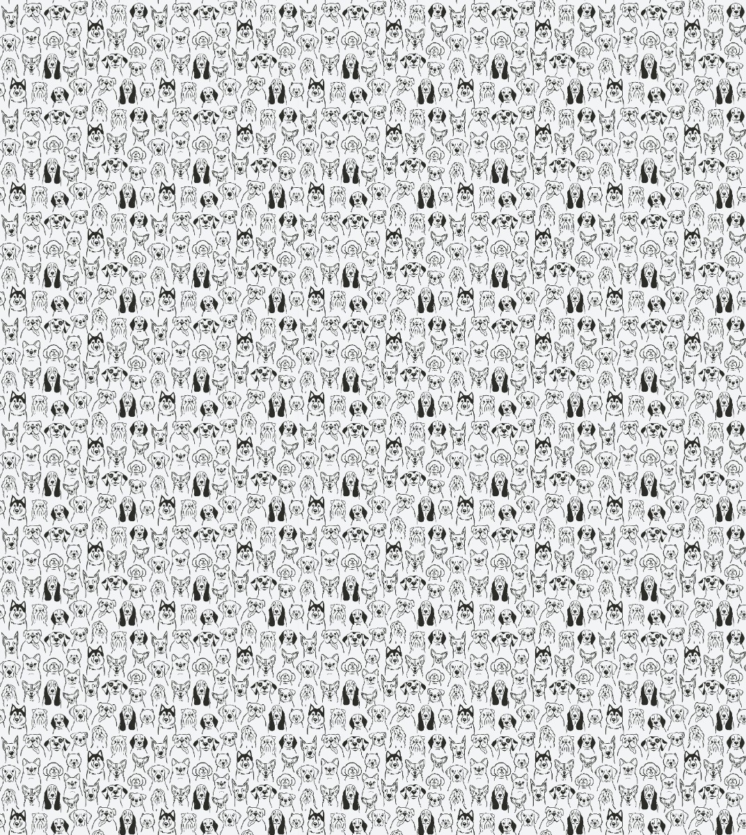 Seamless black and white puppy dog illustrations pattern on white wallpaper for walls