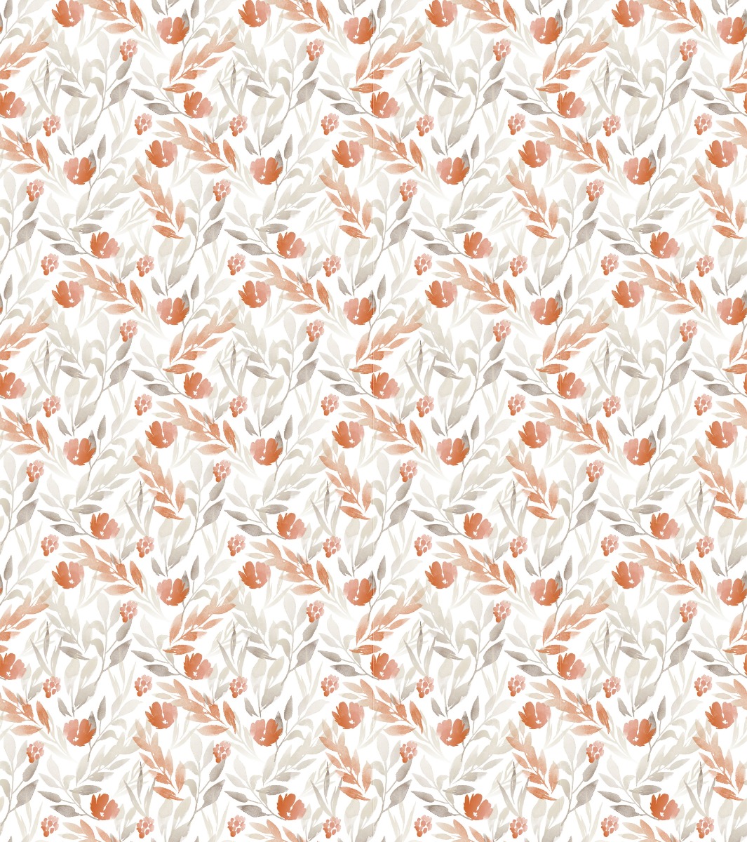 Seamless floral wallpaper with orange flowers and beige leaves on a white background, suitable for interior walls.