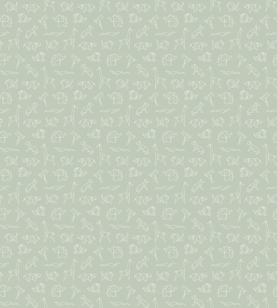green wallpaper with white origami-style safari animal pattern in a repeating geometric design