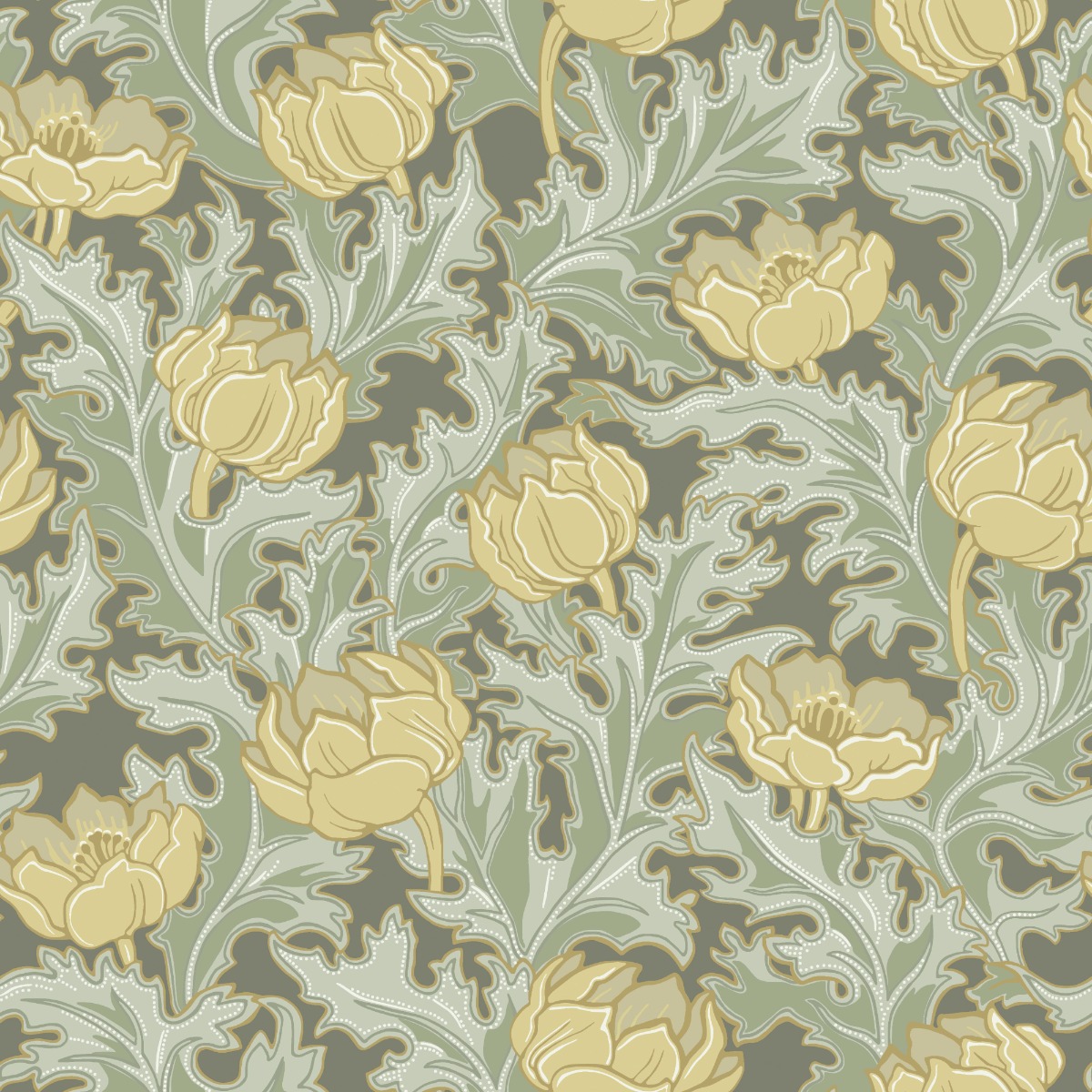 yellow floral pattern wallpaper with green leaves on muted grey background for wall decoration