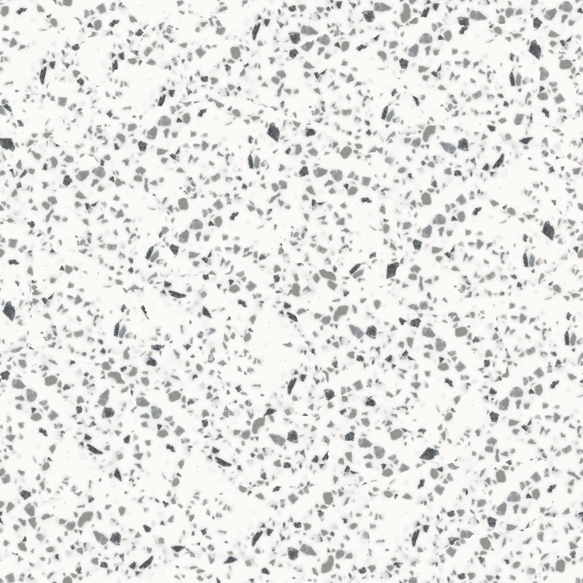 Seamless terrazzo surface with white base and grey chips, ideal for floors and walls, polished finish.