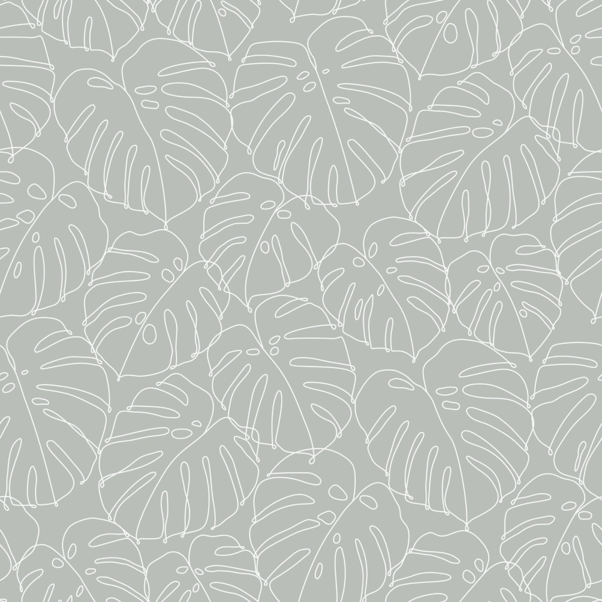 Seamless wallpaper with white outlined monstera leaves on a grey background in an organic pattern