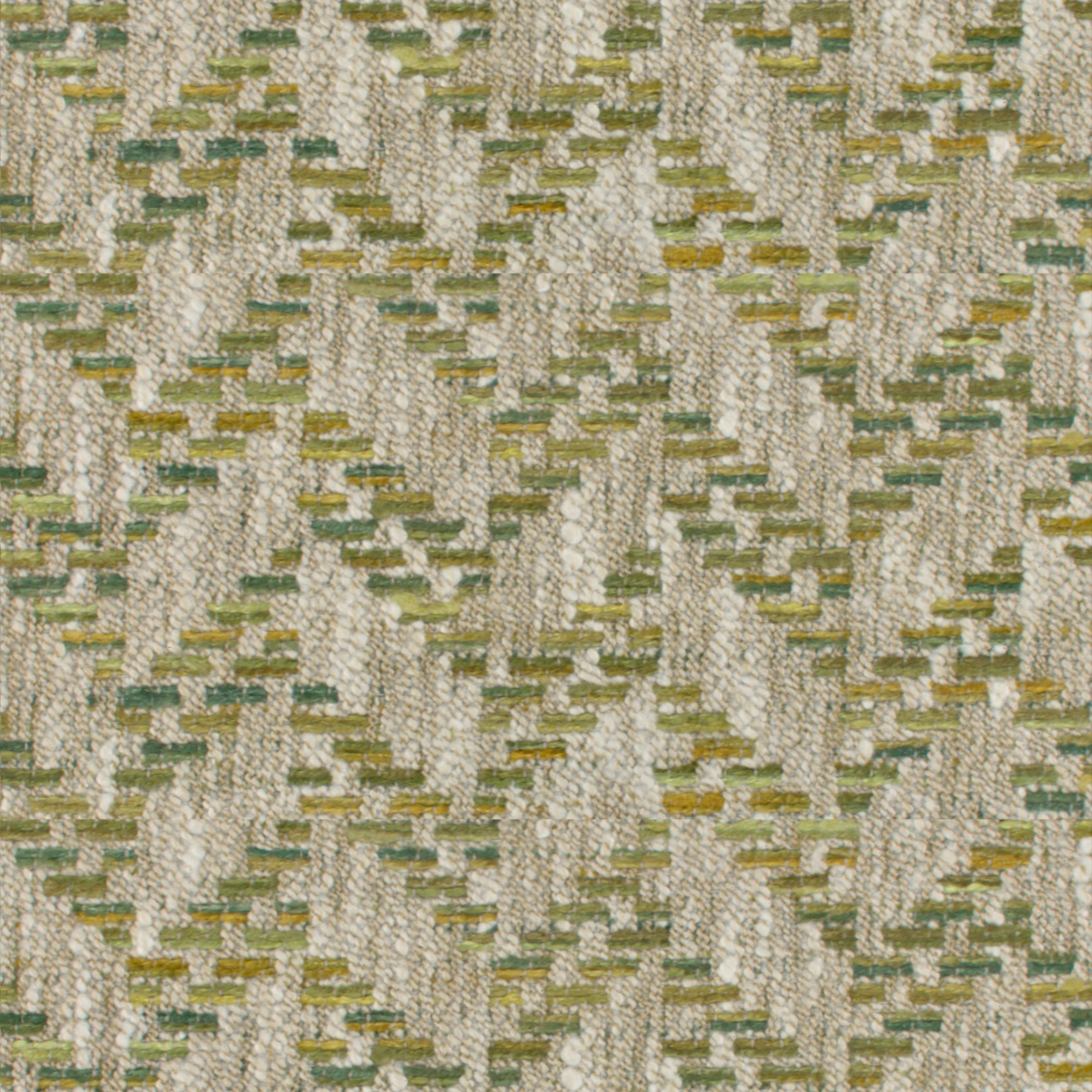 Close-up of woven upholstery fabric with beige, green, and yellow threads in an organic pattern