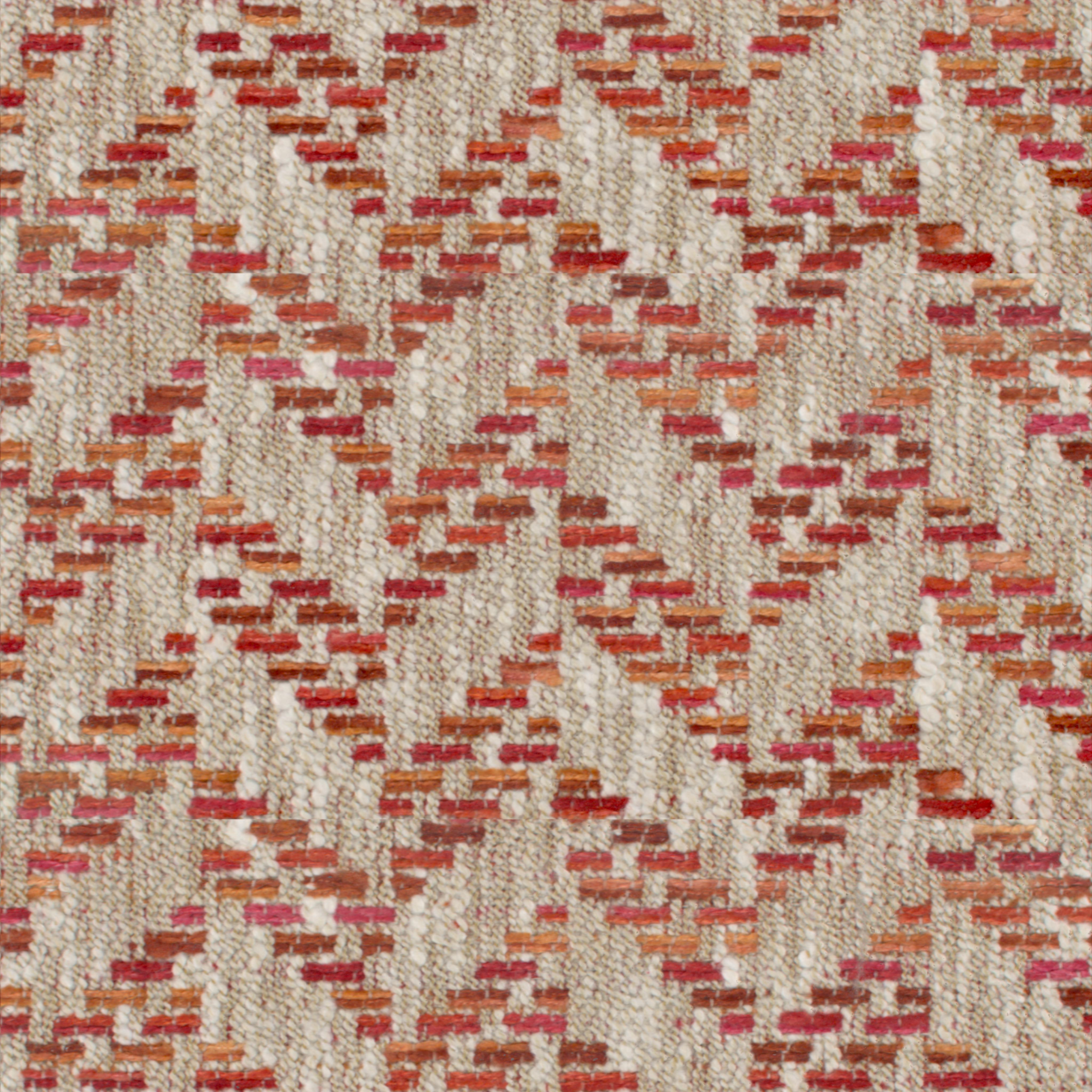 close-up of woven upholstery fabric in beige with red and orange geometric rectangular pattern