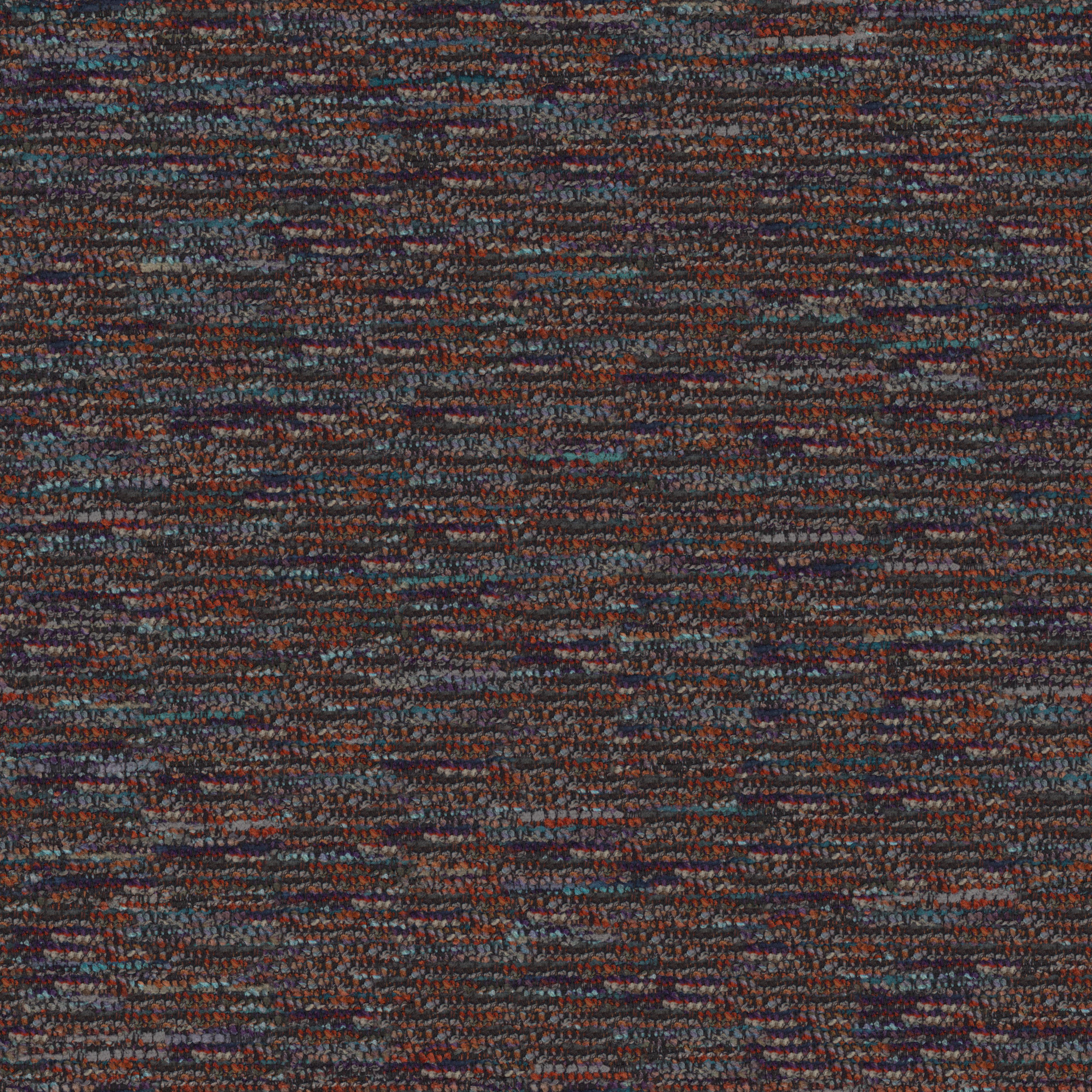 dense multicolour wool upholstery fabric with speckled pattern in dark grey, red, blue, and purple hues