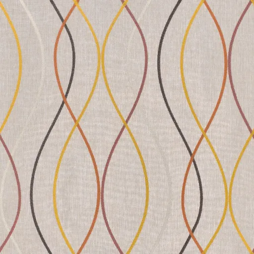 Beige woven fabric with seamless repeating curved stripes in yellow, orange, brown, and red earth tones for upholstery or cur