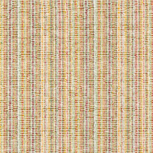 woven upholstery fabric with vertical stripes in warm orange, beige, and muted green tones