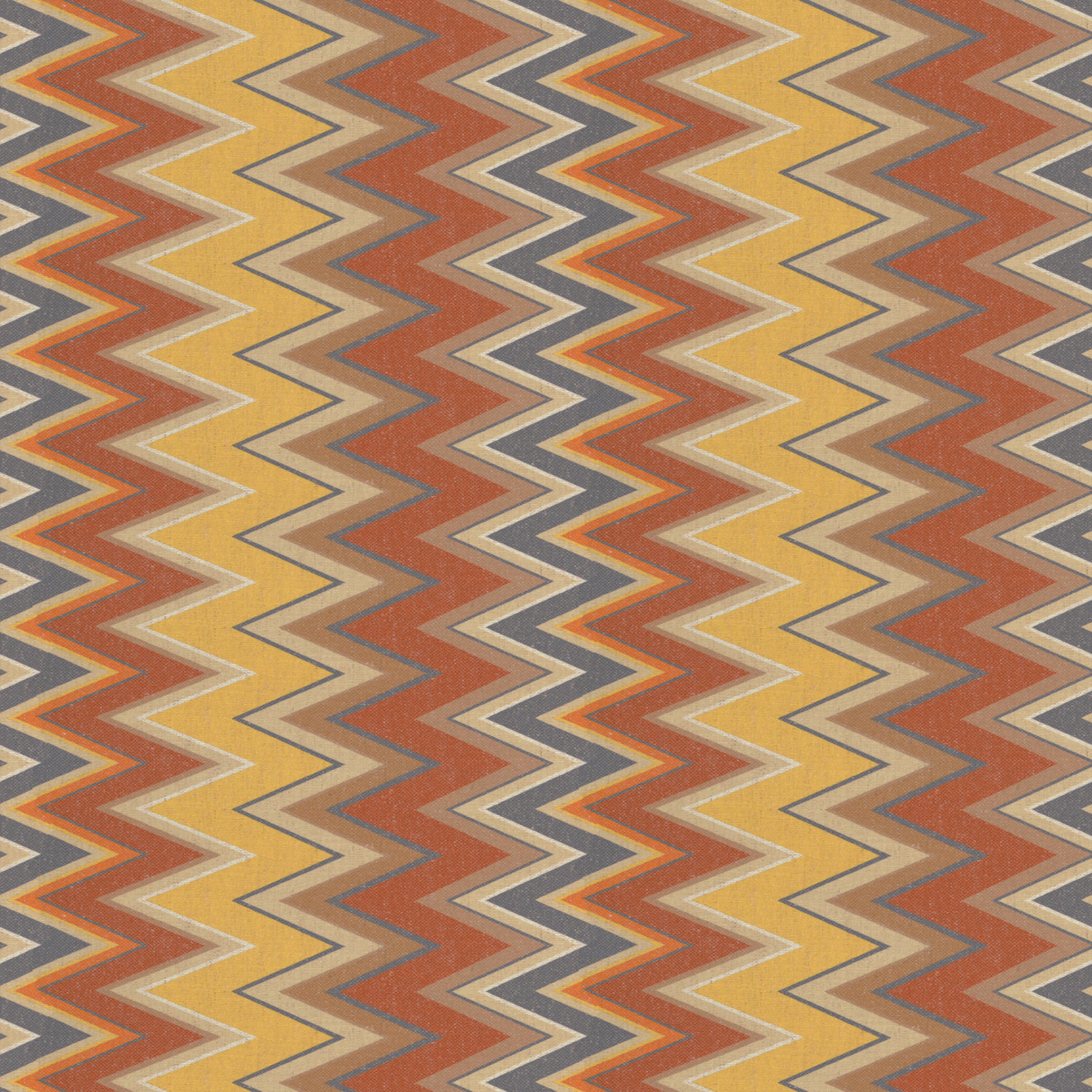 woven upholstery fabric with zigzag pattern in ochre, rust, beige and gray earth tones