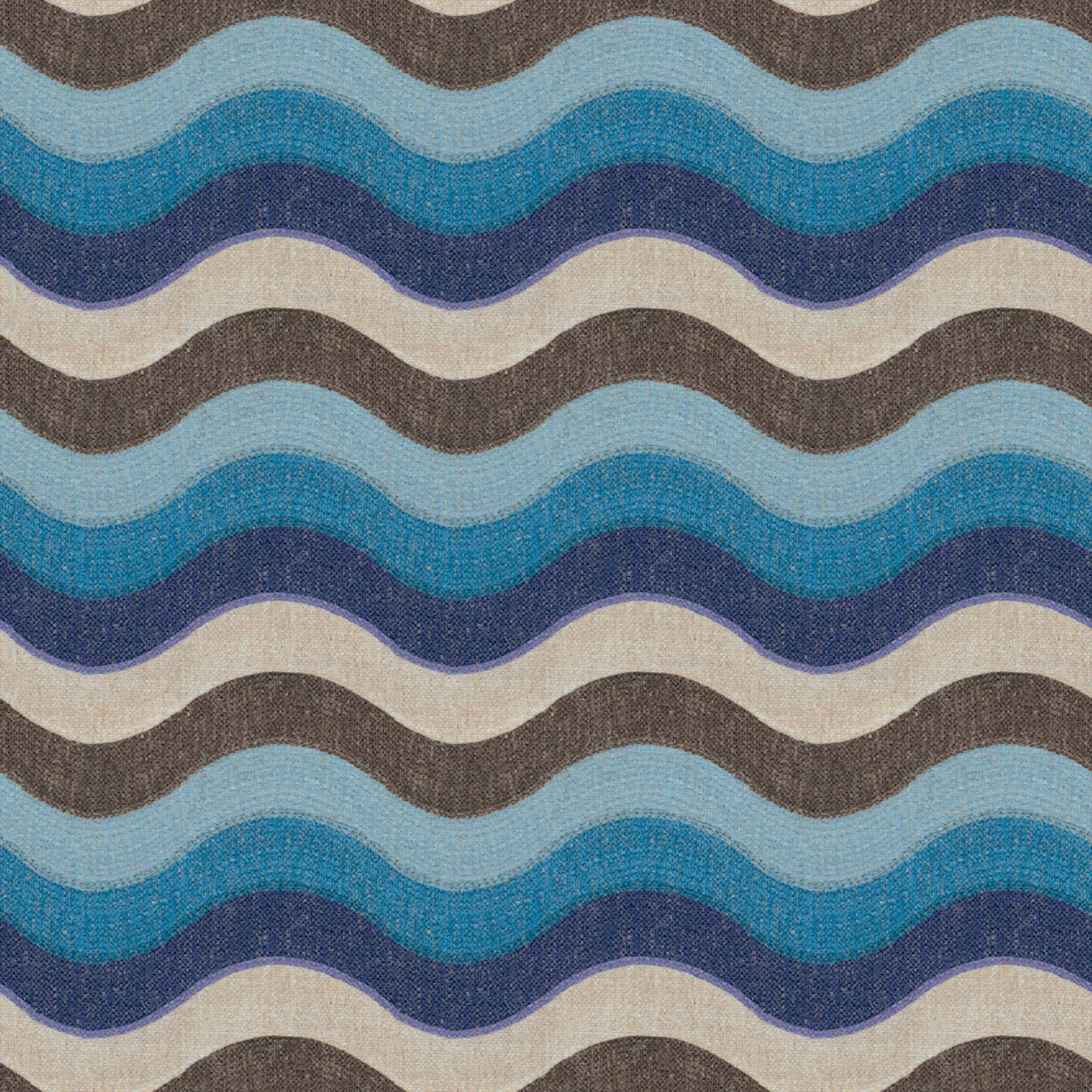 woven upholstery fabric with repeating wavy stripes in blue, beige, and brown tones