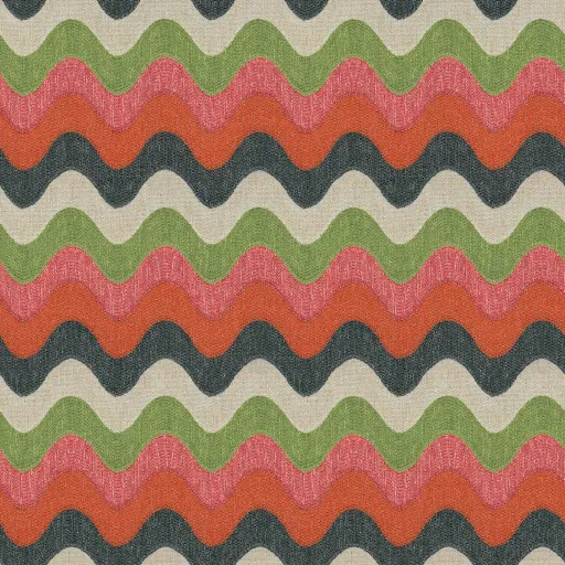 woven upholstery fabric with repeating wavy stripes in green, red, pink, black, and beige