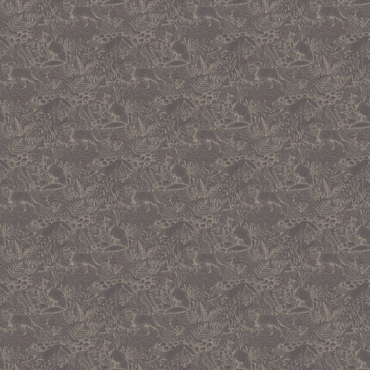 grey wallpaper with repeated detailed fox and foliage pattern for wall decoration