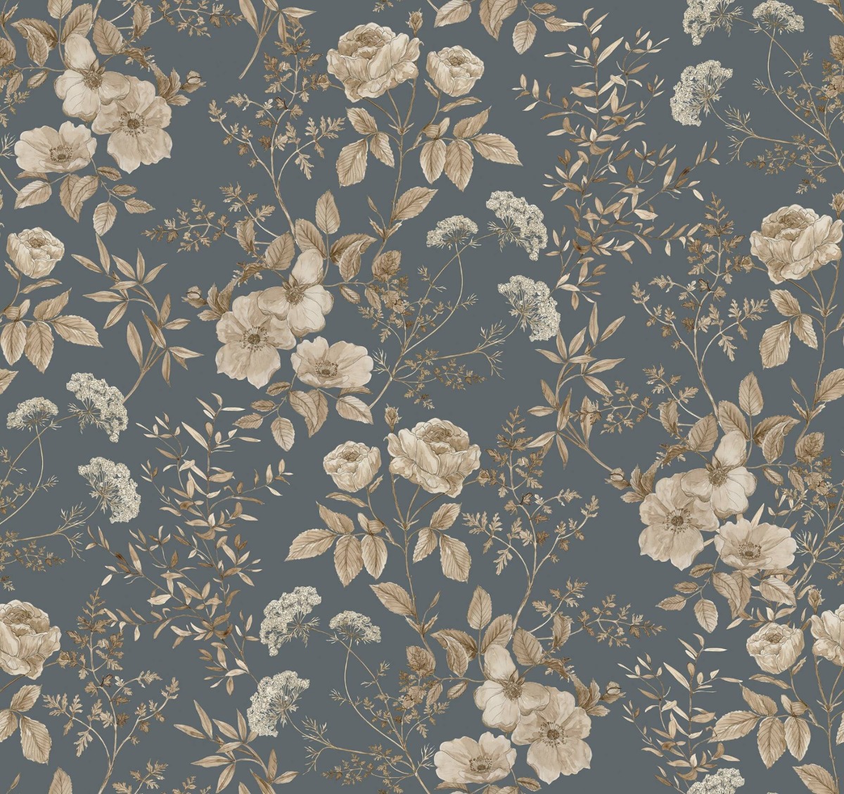 Floral wallpaper with beige and cream flowers on a blue background, suitable for interior walls, seamless pattern.