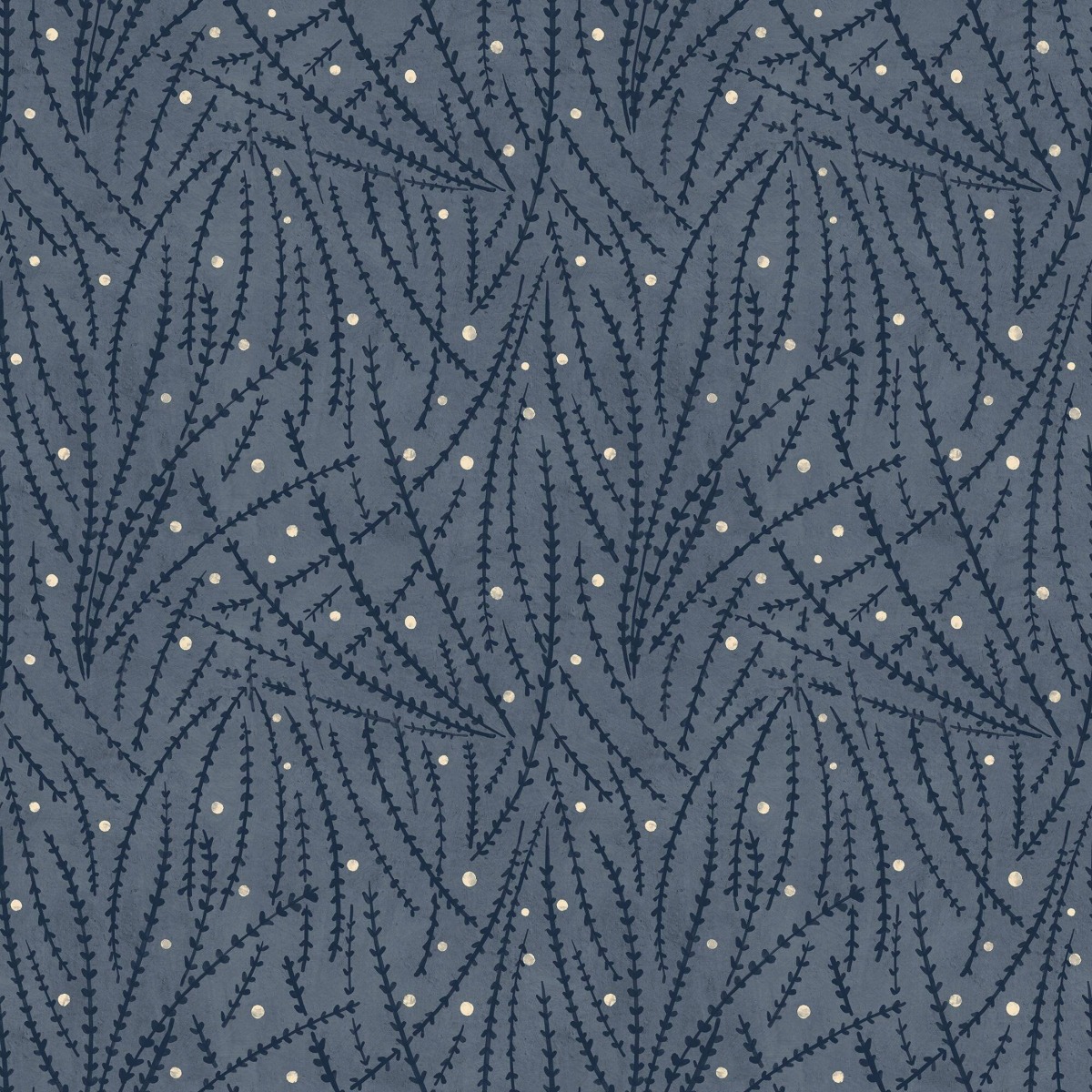 Decorative navy blue wallpaper with leafy pattern and white dots, suitable for interior walls, stylish and modern design.