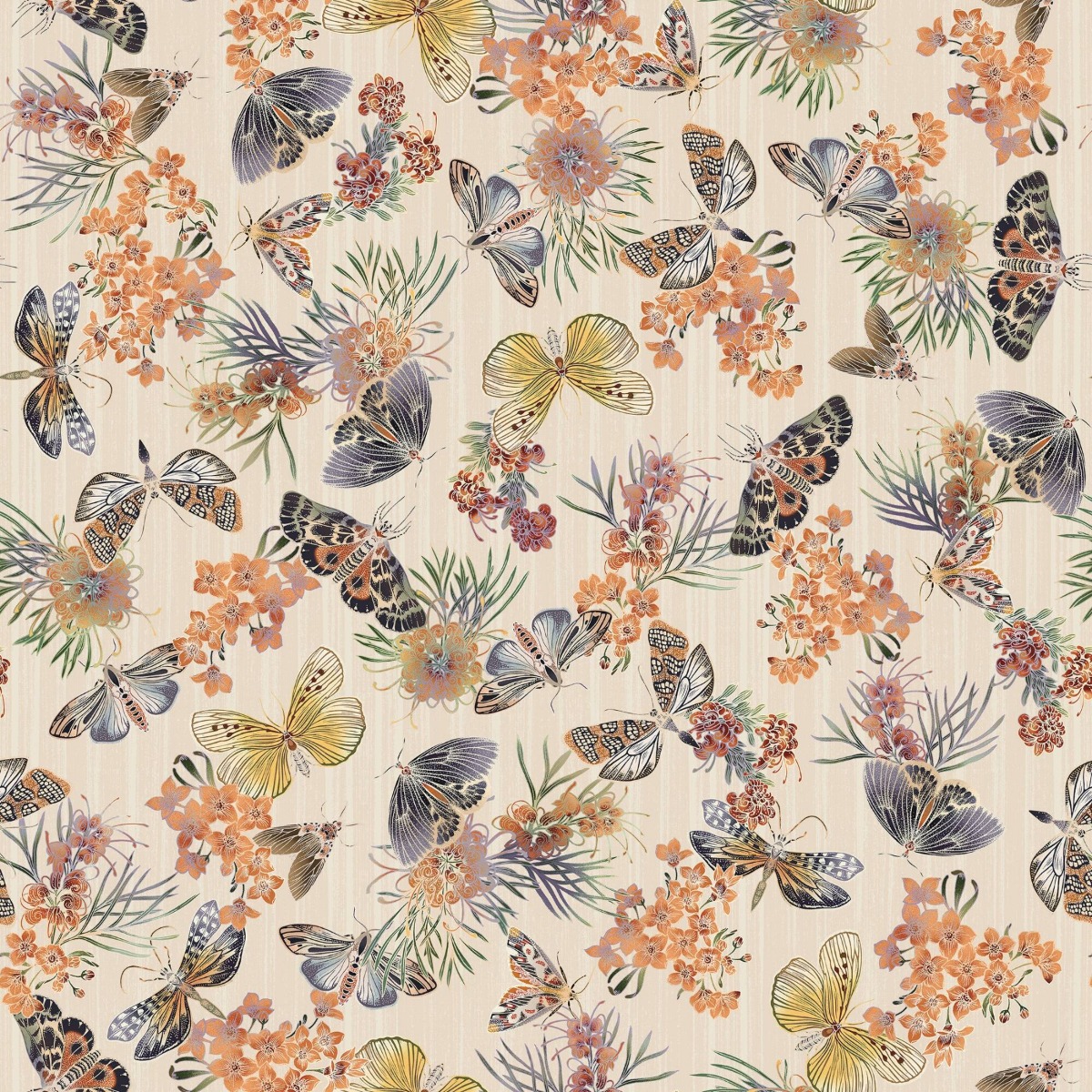 Wallpaper with beige background featuring detailed butterflies and orange floral clusters in a repeating pattern