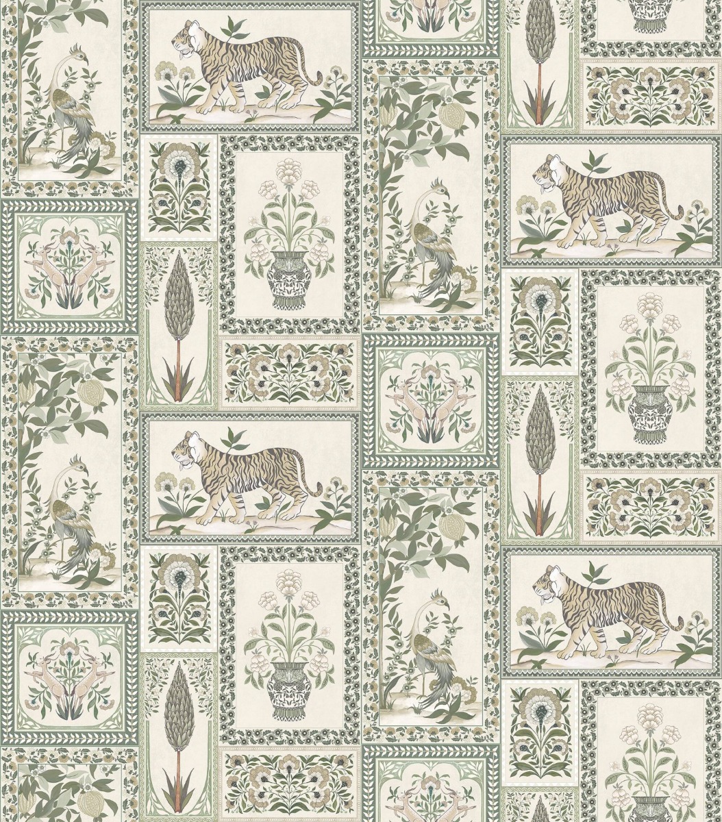 Decorative wallpaper with vintage botanical and animal motifs in green, beige, and cream, suitable for interior walls.