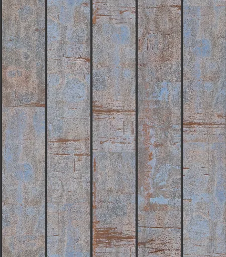 weathered corten steel panels with rusty blue-gray patina in staggered vertical arrangement