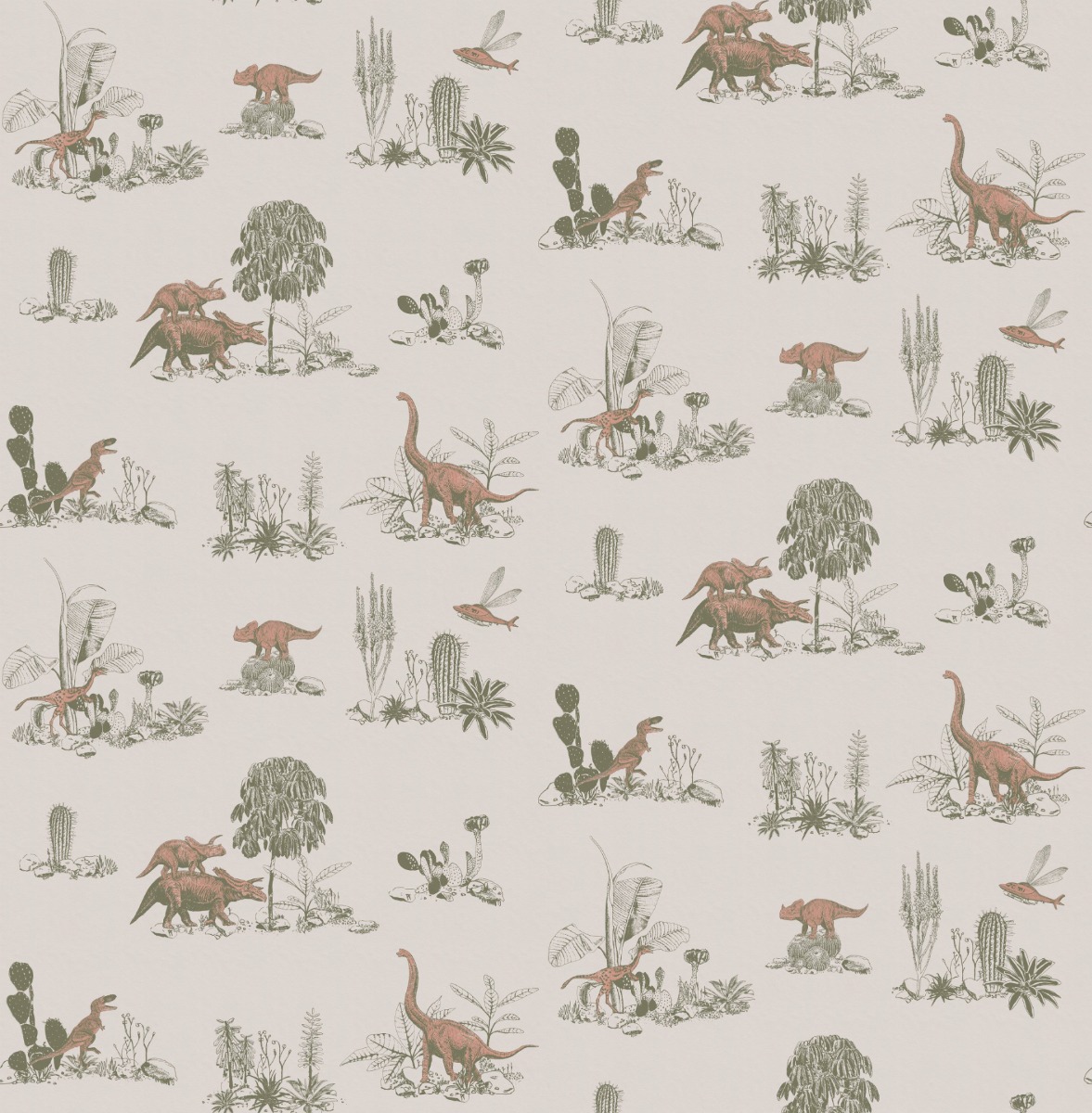 Wallpaper with repeating pink dinosaur and green plant illustrations on beige background