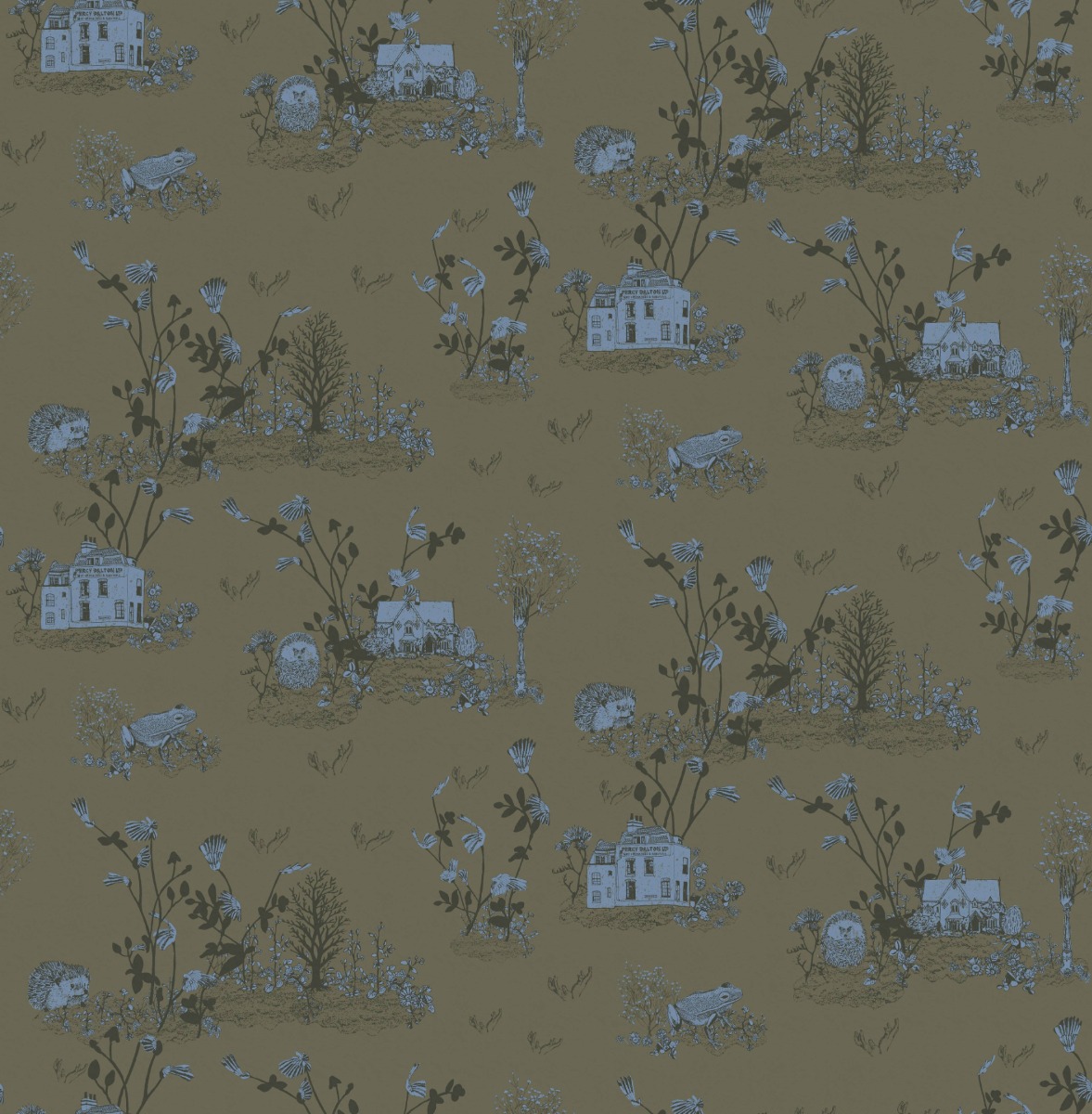 khaki wallpaper with blue and black woodland illustrations of houses, frogs, hedgehogs, and plants in a repeating pattern