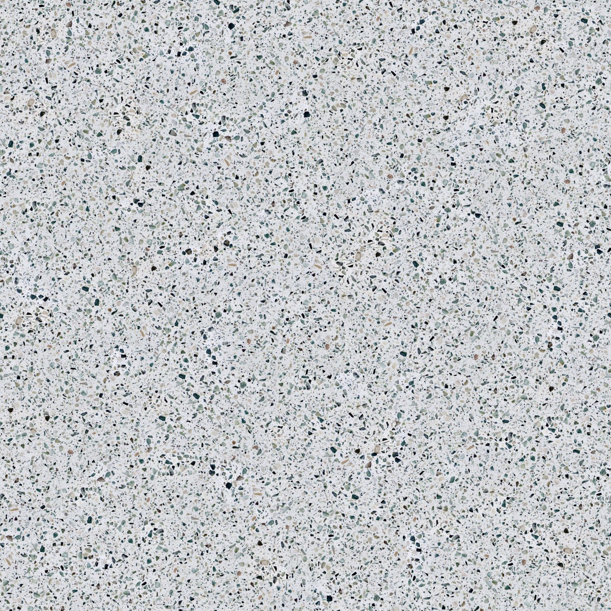 Seamless terrazzo flooring with white, black, and gray chips, polished surface, ideal for modern interior floors.
