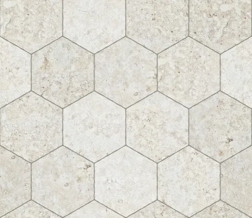 Beige hexagonal limestone tiles with natural stone texture in a seamless geometric pattern for wall use
