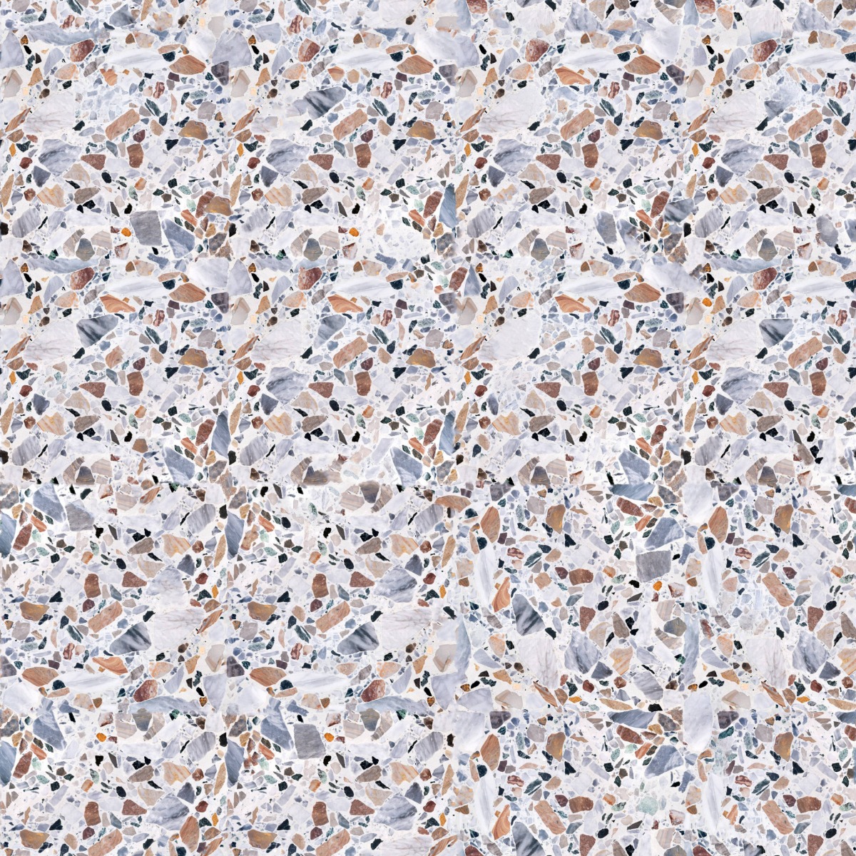 polished terrazzo floor with multicolored stone chips in light grey matrix, seamless tile pattern