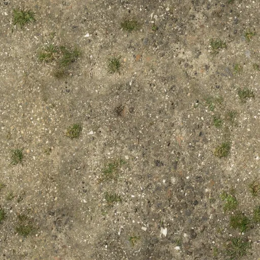 patchy soil ground with scattered small grass tufts and speckled stones in earth tones