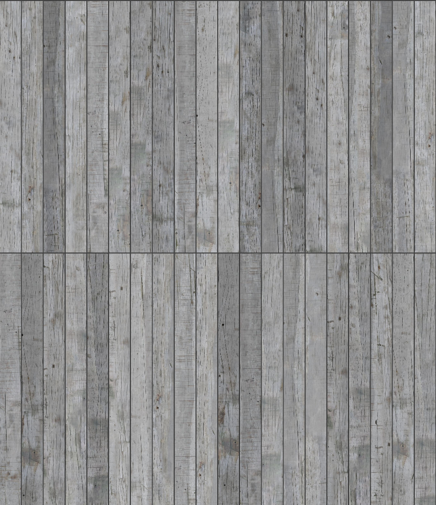 Weathered gray wooden planks with visible grain and knots, suitable for rustic flooring or wall decor.