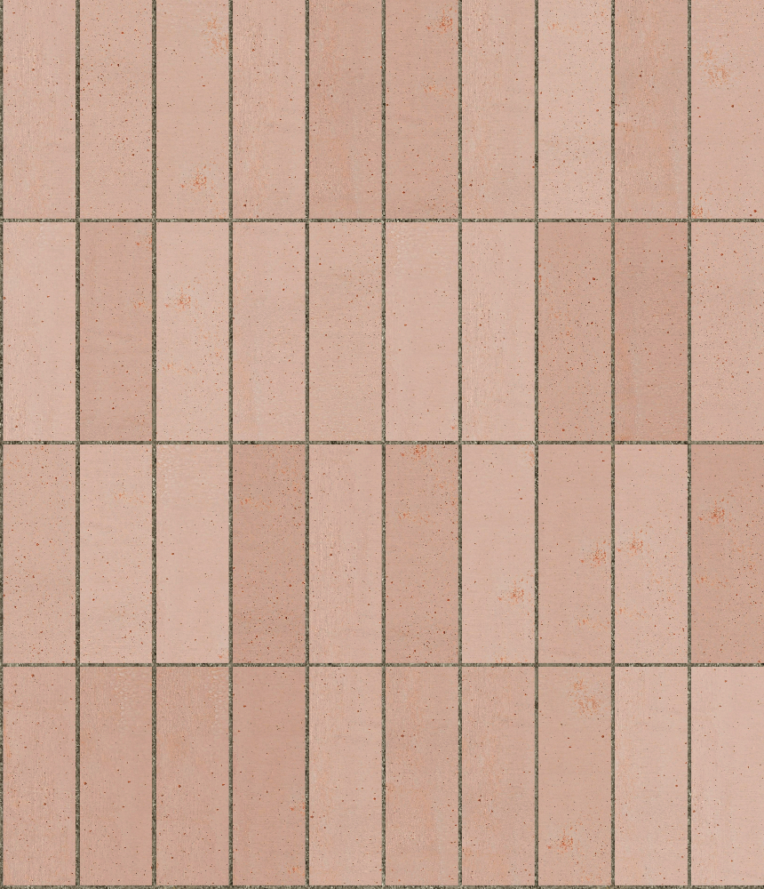 matte terracotta rectangular tiles in a grid pattern with grout lines and speckled surface for wall use