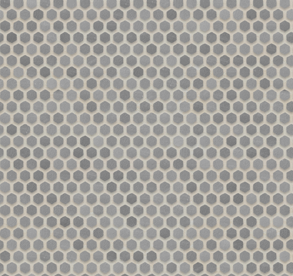 matte grey hexagonal ceramic tiles arranged in a honeycomb pattern with subtle shading