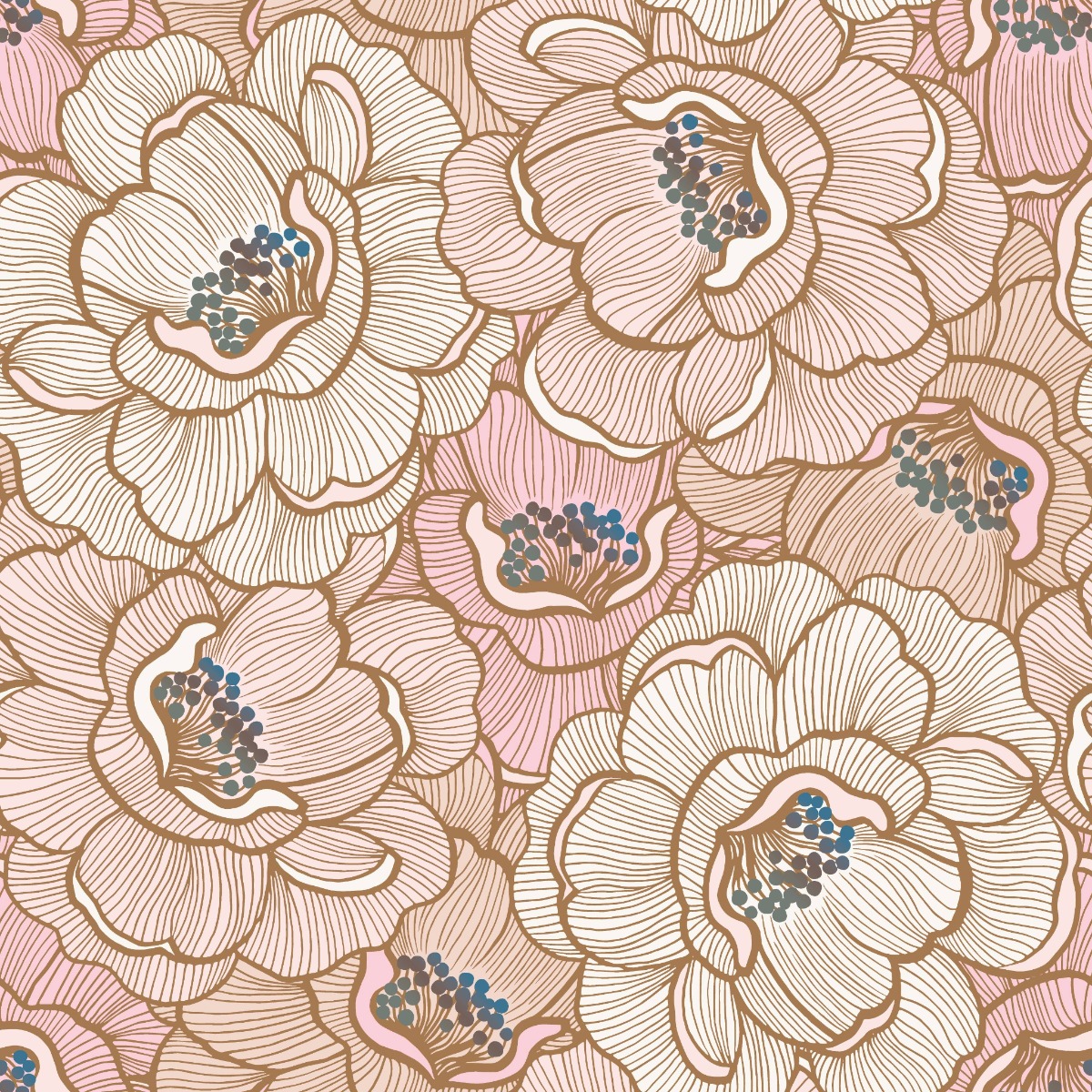 Seamless floral wallpaper with large pink and beige flowers, dark centers, fine line details, suitable for interior walls.