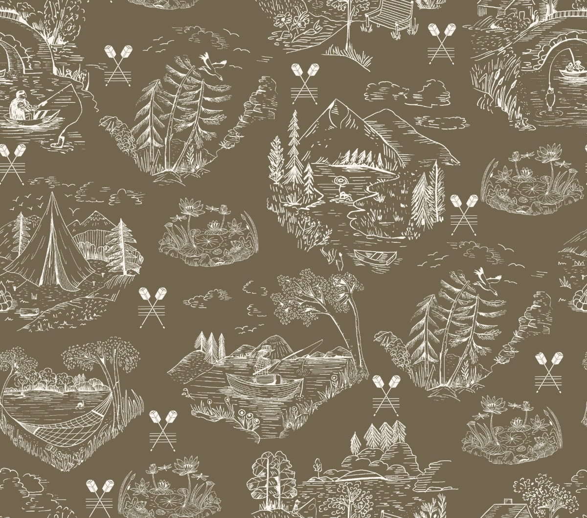 brown fabric with white toile de Jouy pattern depicting lakeside scenes with boats, trees, and mountains