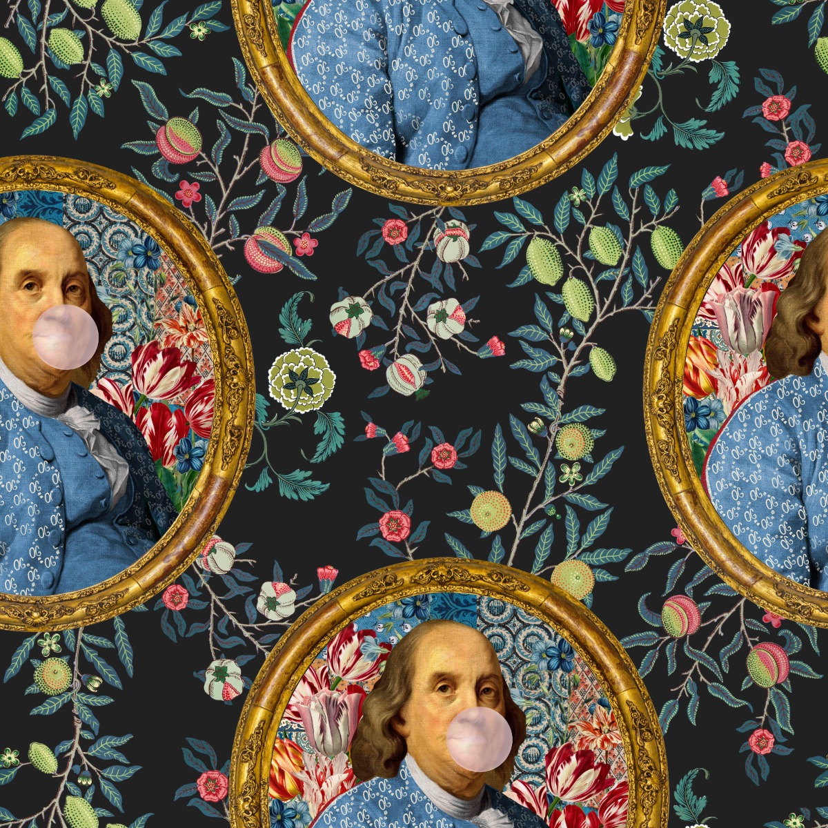 decorative wallpaper with golden framed classical portraits and colorful floral branches on dark background