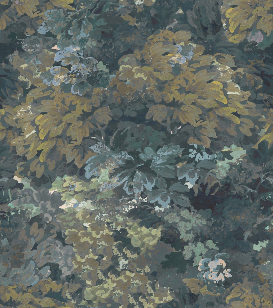 A detailed botanical fabric pattern with lush green, yellow, and blue foliage, suitable for wallpaper or upholstery.