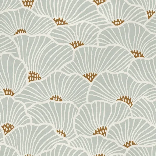 patterned fabric with blue stylized floral shapes and beige accents in a repeating organic design