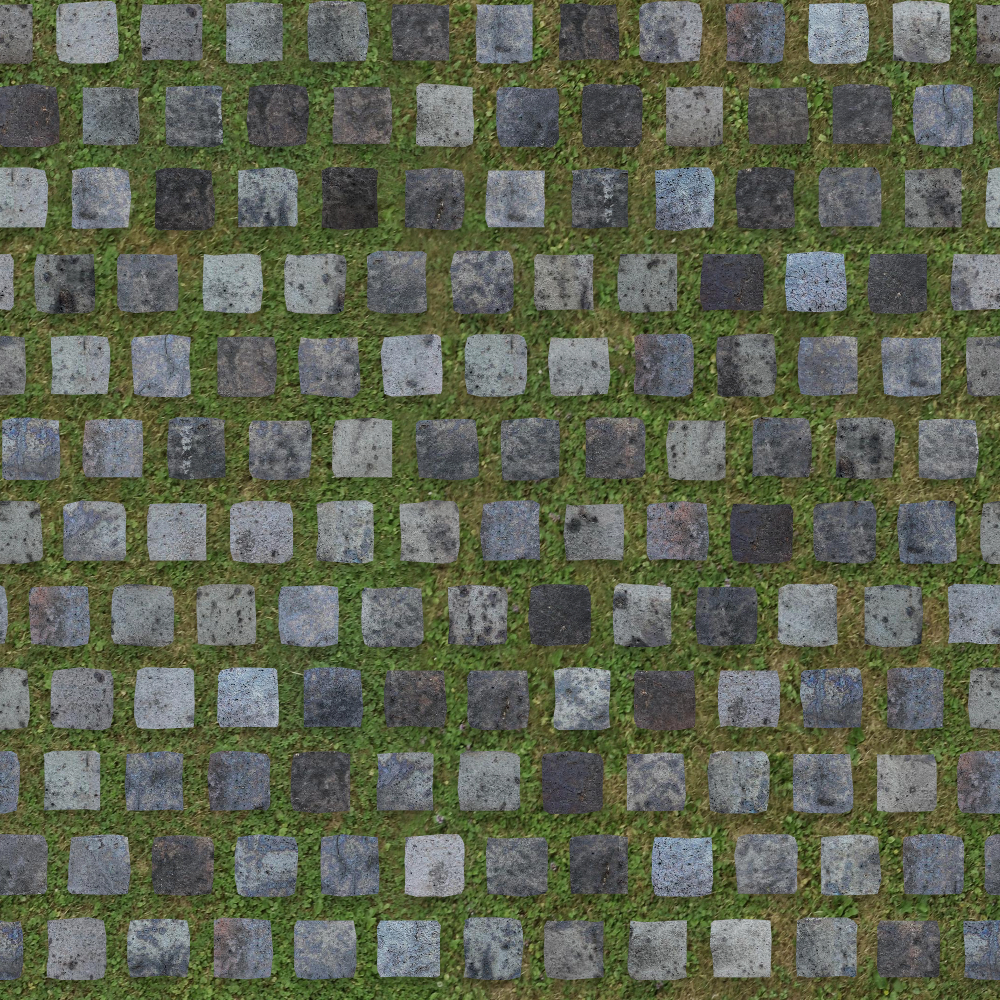 square gray stone pavers arranged in staggered rows on green grass ground for outdoor flooring