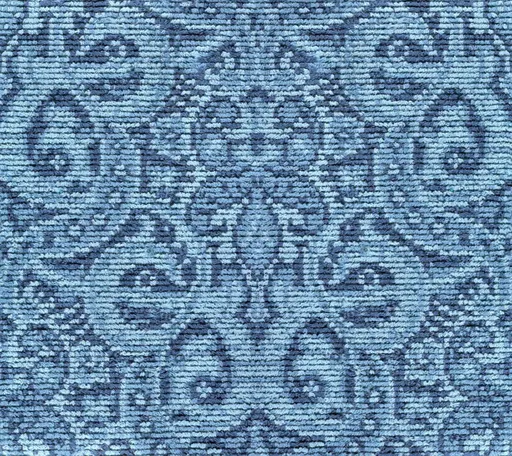 blue loop pile carpet with symmetrical floral pattern in darker and lighter blue shades for flooring