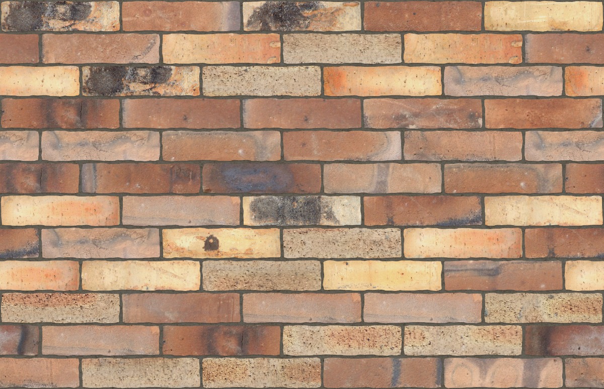 burnt clay brick wall with stretcher bond pattern in varied red, brown and beige tones