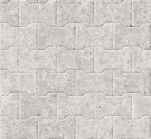 Light gray precast concrete bowtie-shaped pavers with a speckled surface arranged in an interlocking pattern for flooring