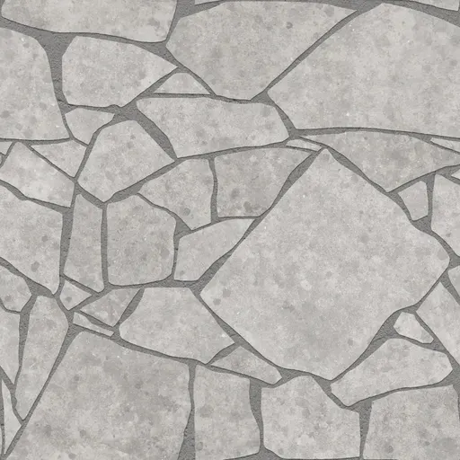 grey concrete slabs arranged in irregular crazy paving pattern with dark mortar joints for outdoor flooring