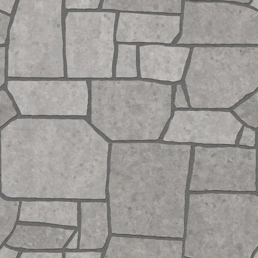 grey concrete slabs arranged in irregular crazy paving pattern with dark grout lines for outdoor flooring