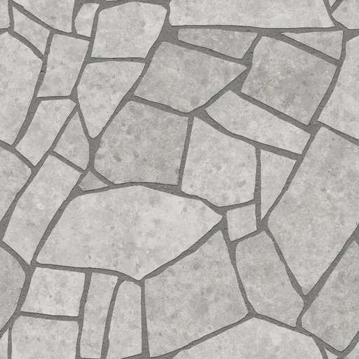 grey concrete slabs arranged in irregular crazy paving pattern with dark grout for outdoor flooring