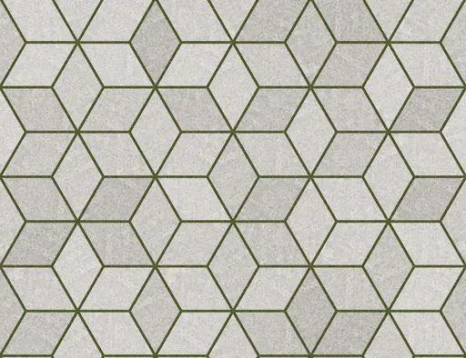 grey concrete tiles arranged in a cubic geometric pattern with dark grout lines for flooring