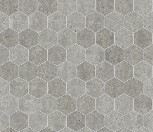 hexagonal gray concrete tiles with subtle speckled surface arranged in a geometric pattern for flooring