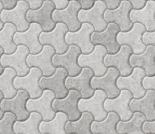 Seamless pattern of grey precast concrete propeller-shaped pavers with textured surface for outdoor flooring
