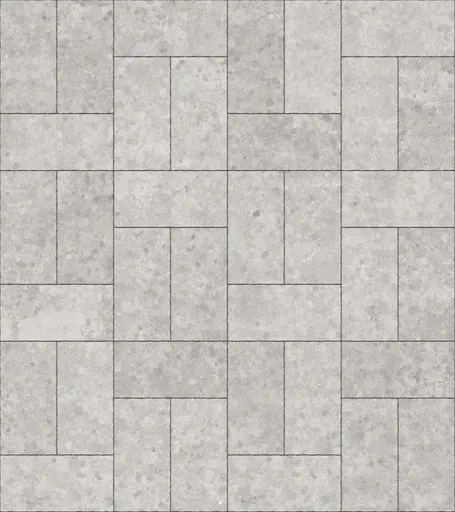 Light grey concrete paving plates arranged in a basketweave pattern with subtle speckled surface and fine grout lines