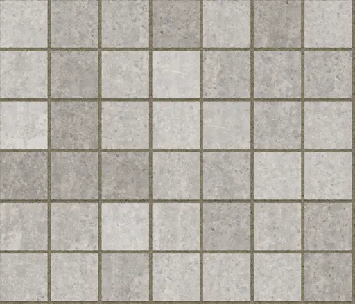 Grid of square gray concrete tiles with visible grout lines and speckled surface texture for flooring