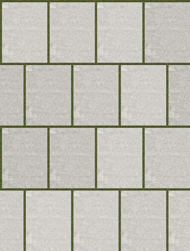 Light grey concrete paving slabs arranged in stretcher bond with green grass joints between slabs