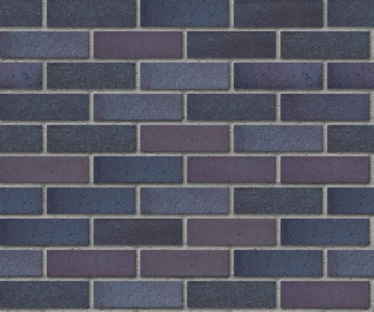 Smooth dark ironspot fired clay bricks in running bond with grey mortar joints